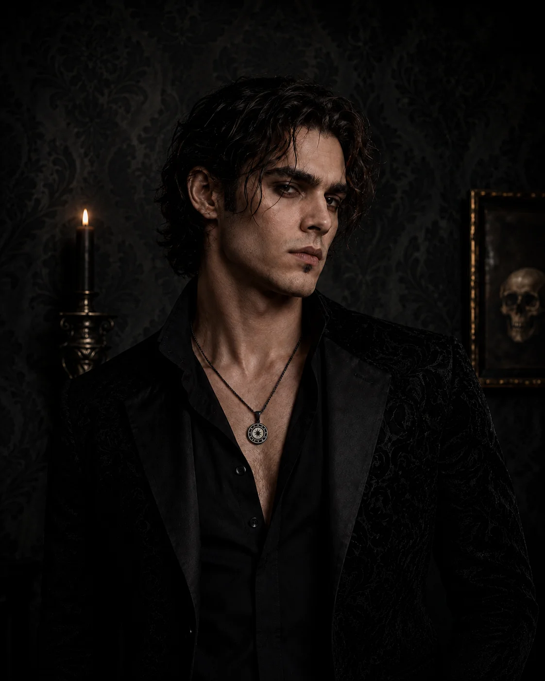 Чорний кулон “Компас ночі” з місячними фазами на ланцюжку